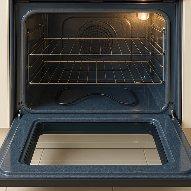 A black open oven